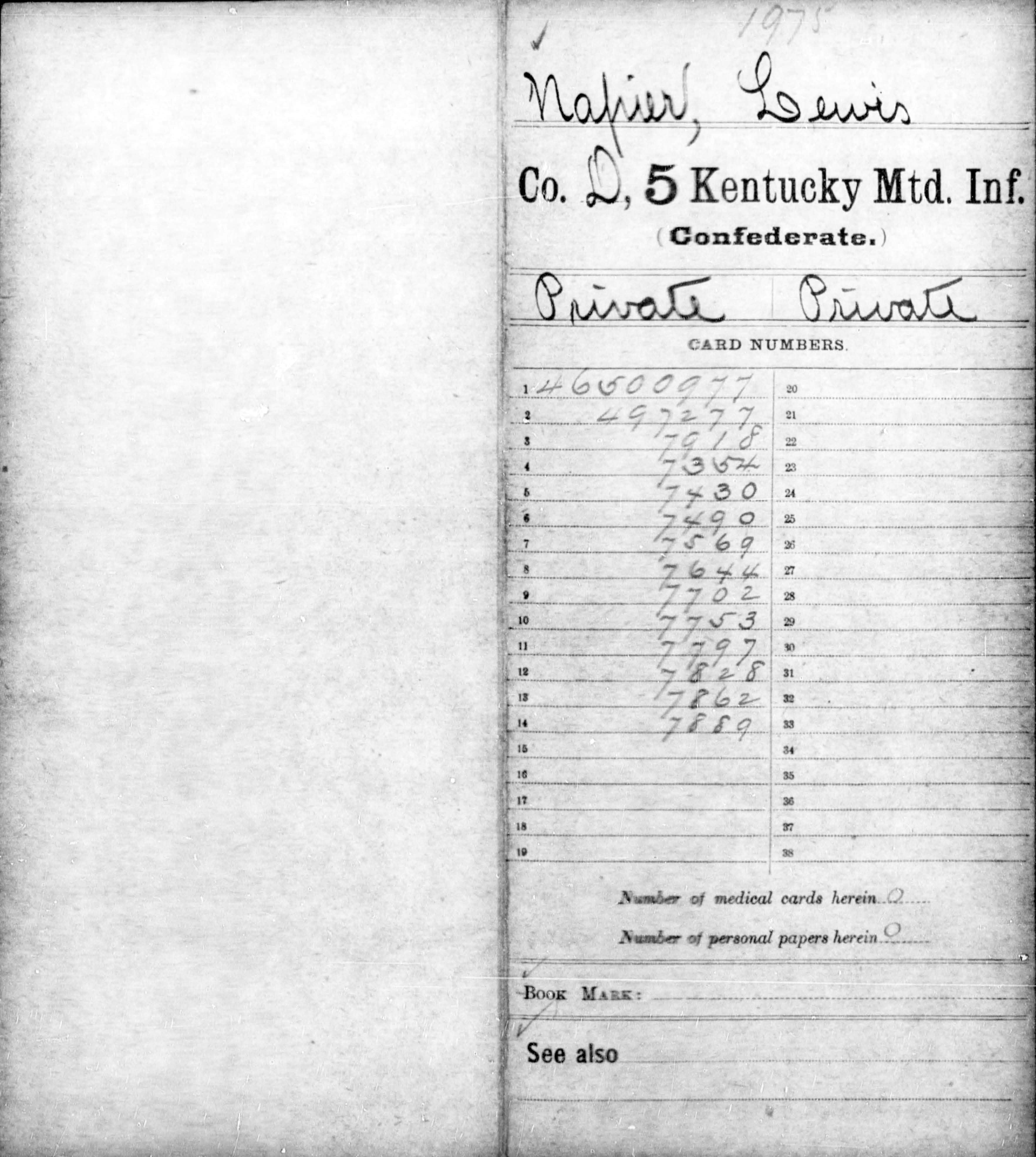 Carded Records Showing Military Service of Soldiers Who Fought in Confederate Organizations, 1903–1927 - for Lewis Napier